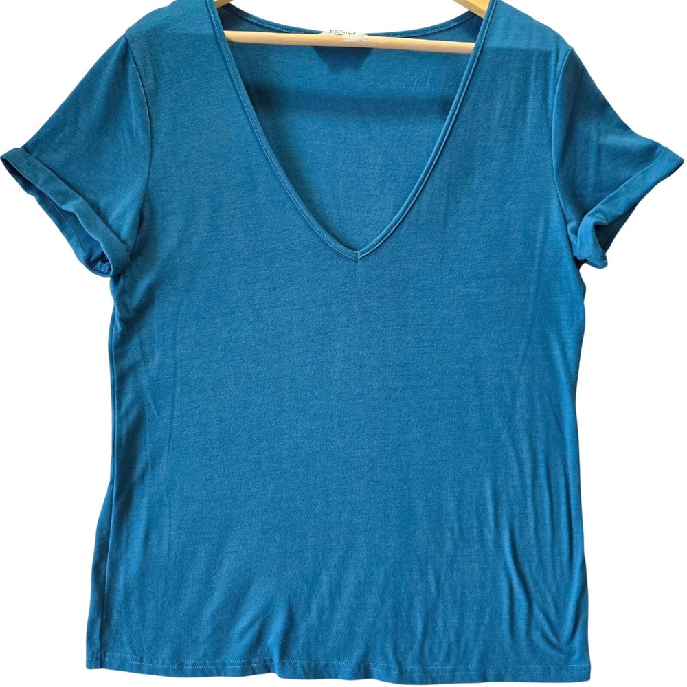 Beyove‎ Womens Size L Teal Blue Deep V Neck Short Sleeve T-Shirt Top